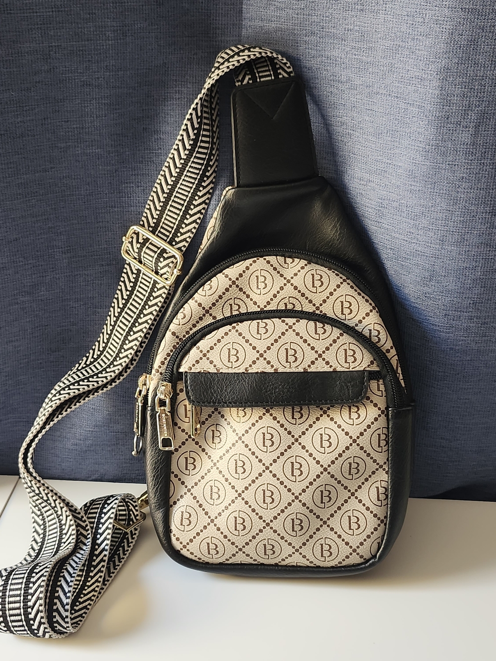 BOSTANTEN Small Sling Bag for Women Crossbody Chest Pack Monogram B Black Beige
